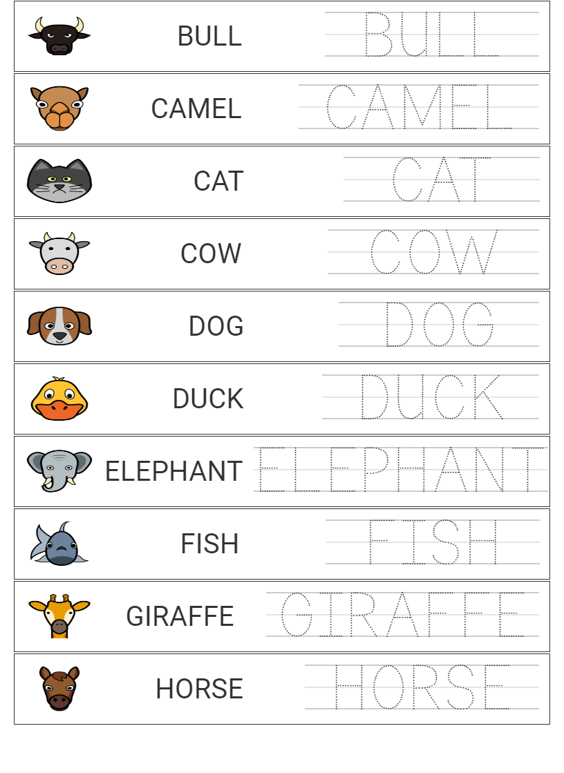 Engaging Animal Name Tracing Worksheet with Images for Kids