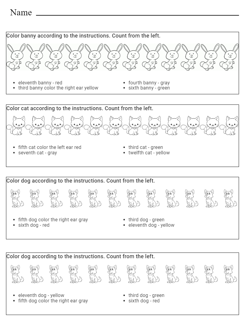 Color the animals according to the instructions - counting